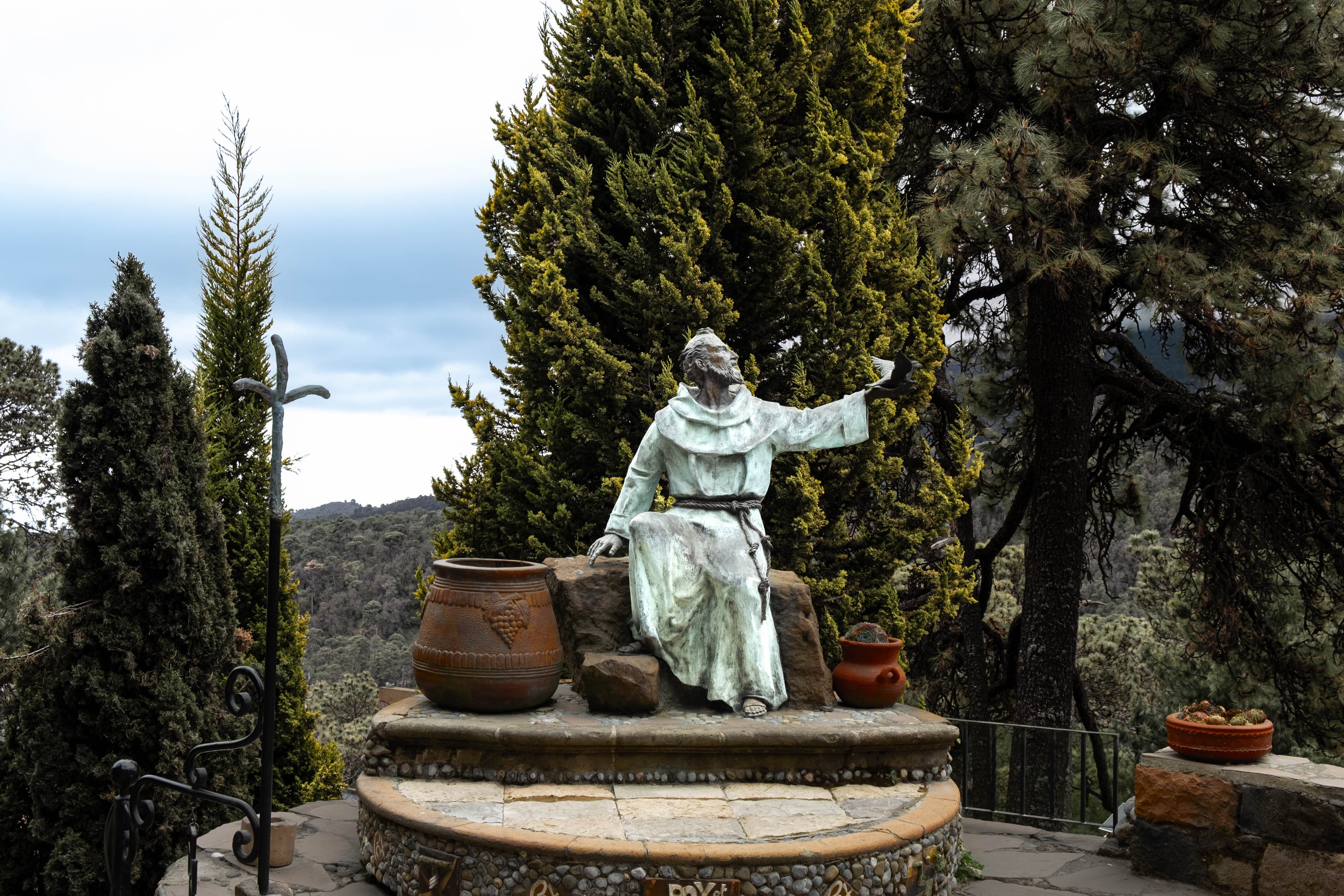 San Francisco sentado en piedra junto a la paloma, con el bosque al fondo