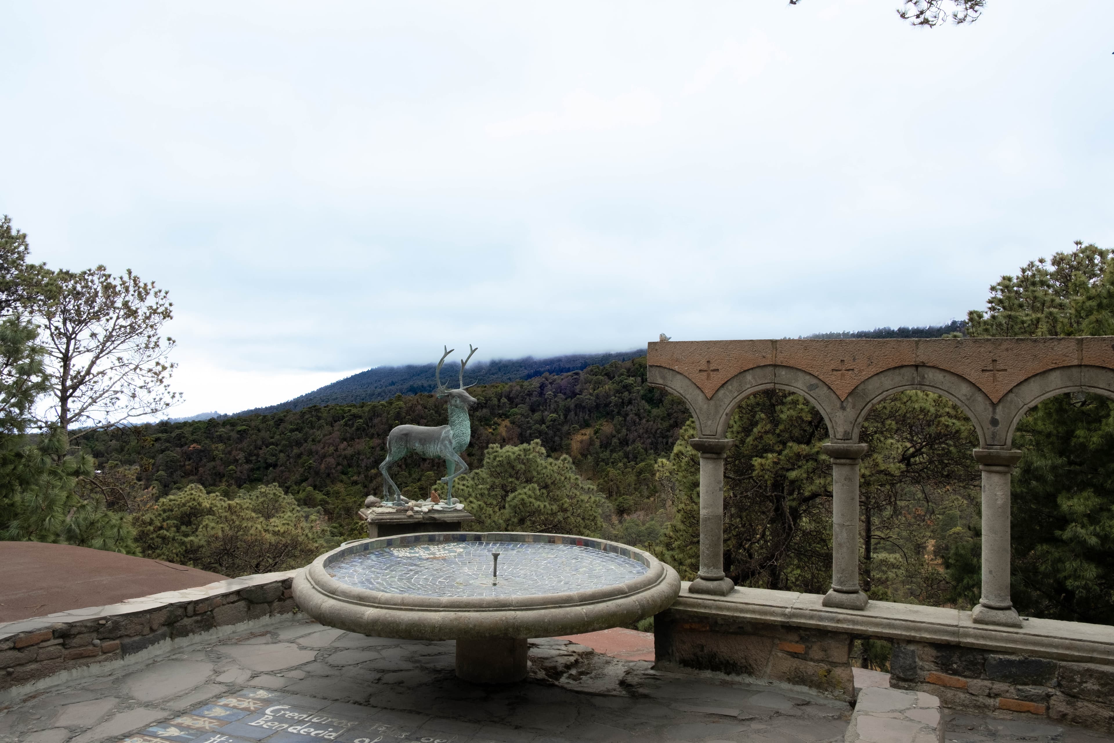 Fuente circular de mosaico, venado de bronce y arcos frente al bosque