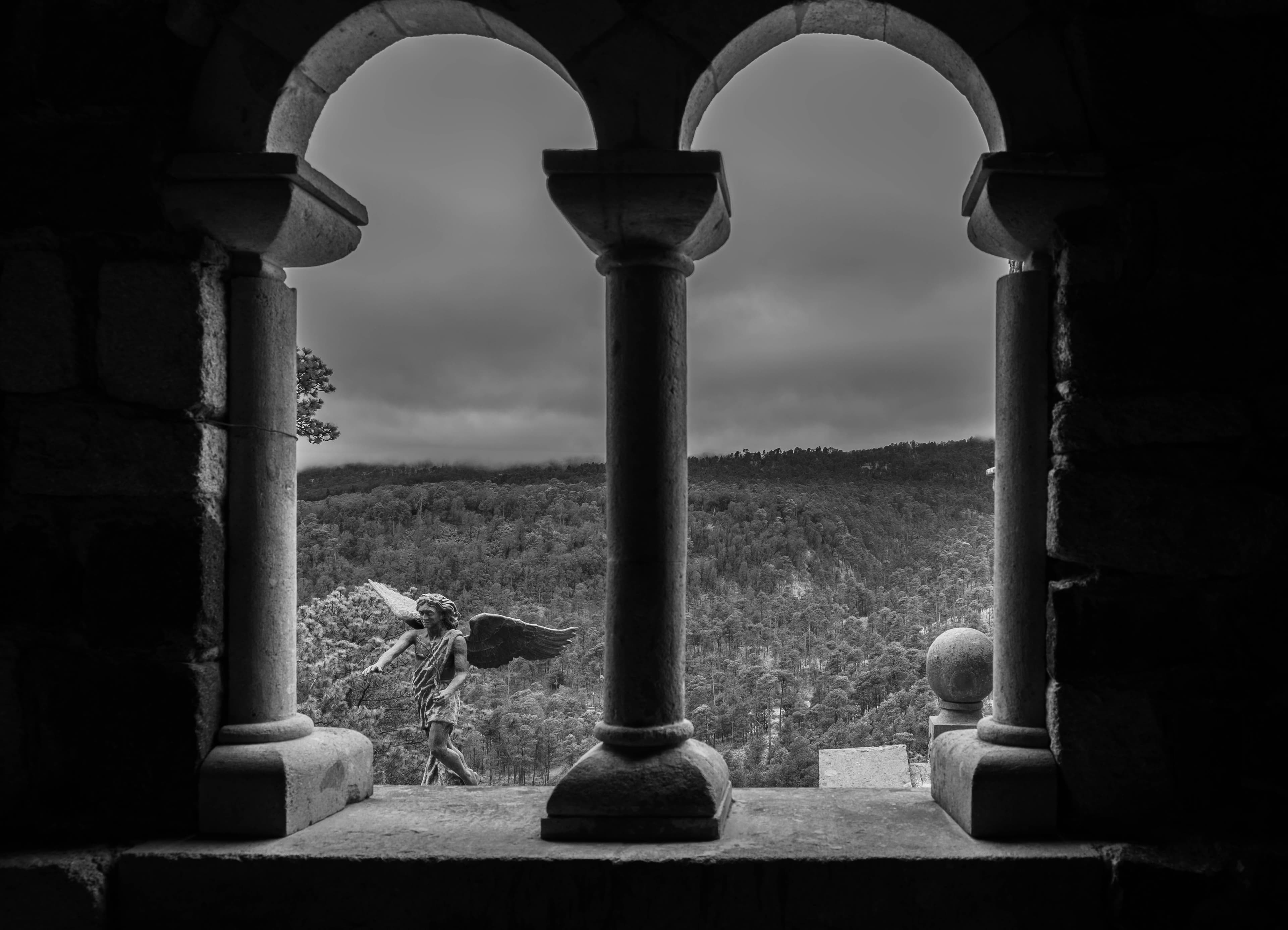 El bosque visto desde los arcos de piedra, con el ángel de bronce al fondo